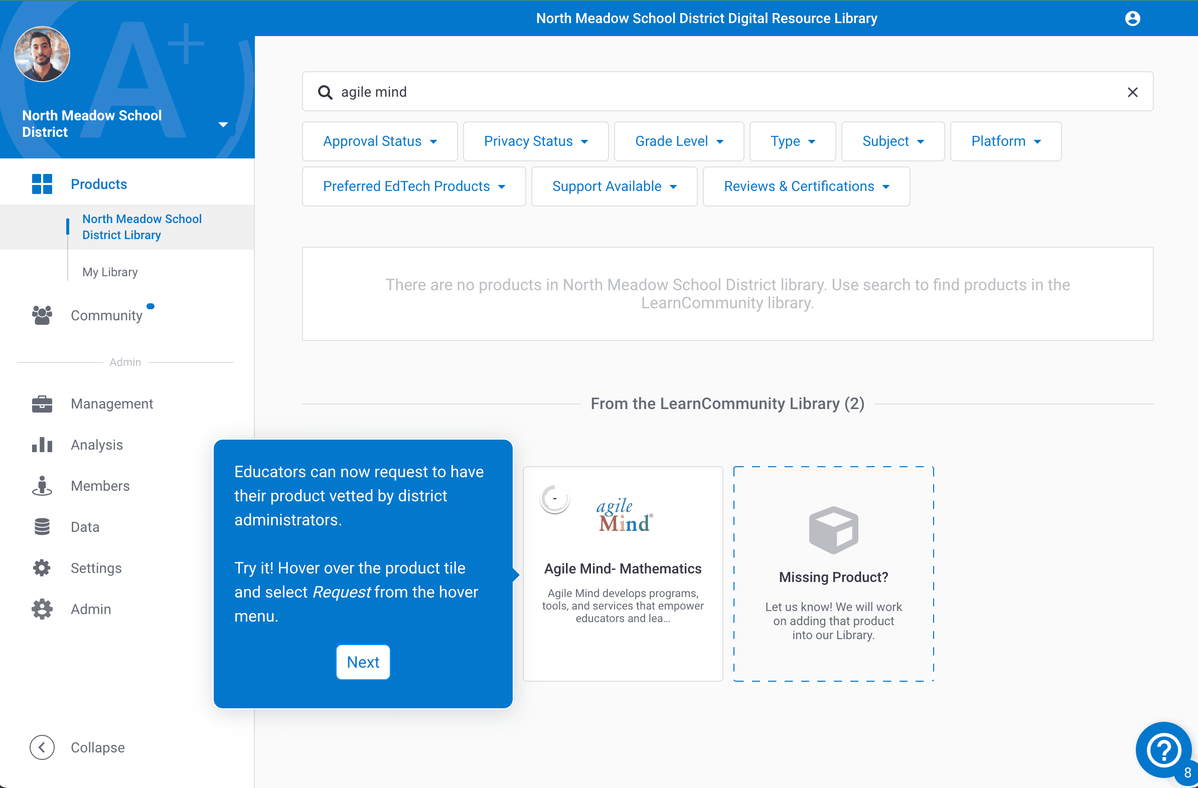 LearnPlatform district library search showing a Missing Product tile and guidance for educators to request administrator vetting.