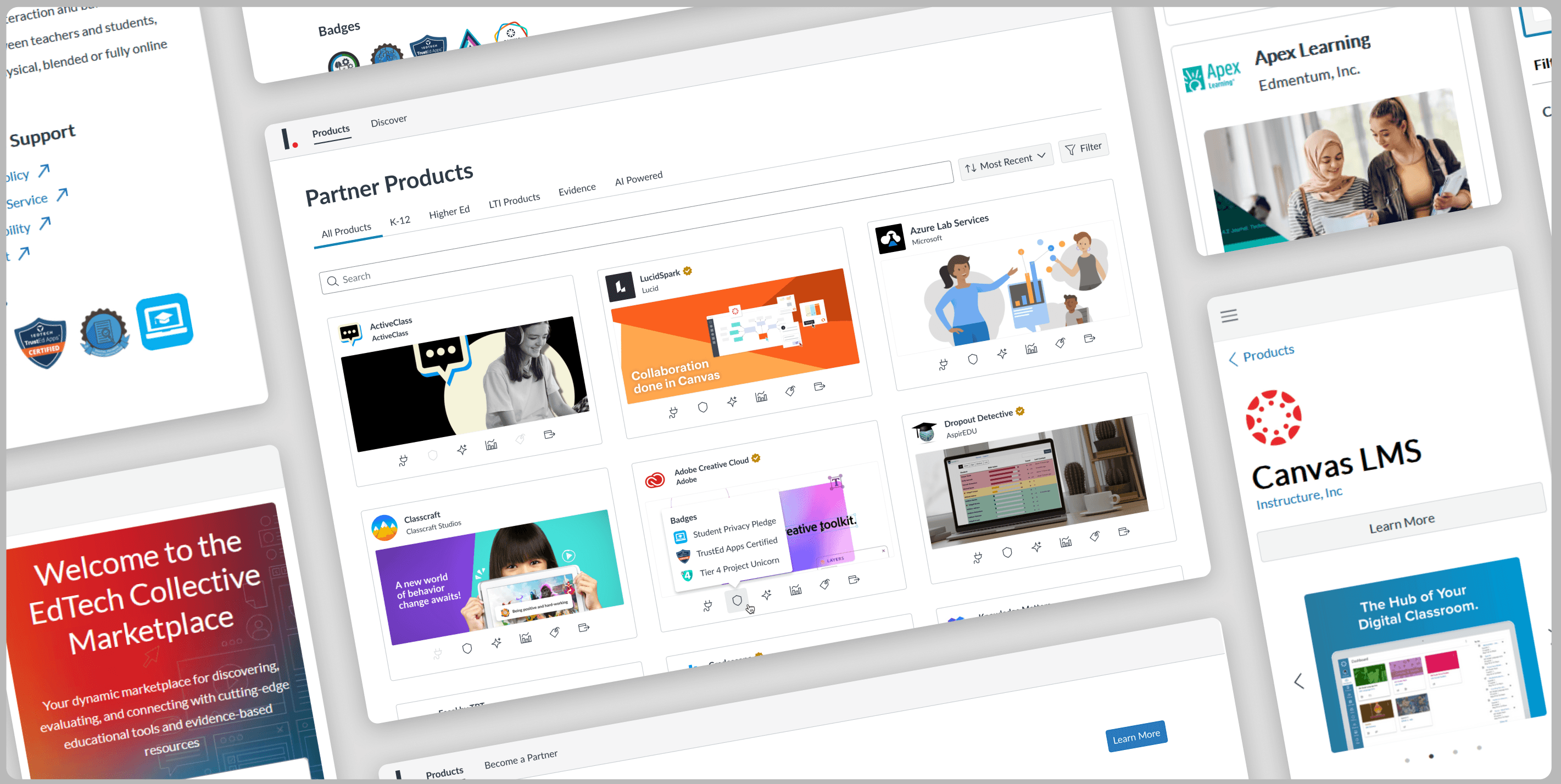 A presentation of the EdTech Collective Marketplace showing Partner Products browsing, trust badges, and product details on desktop and mobile.
