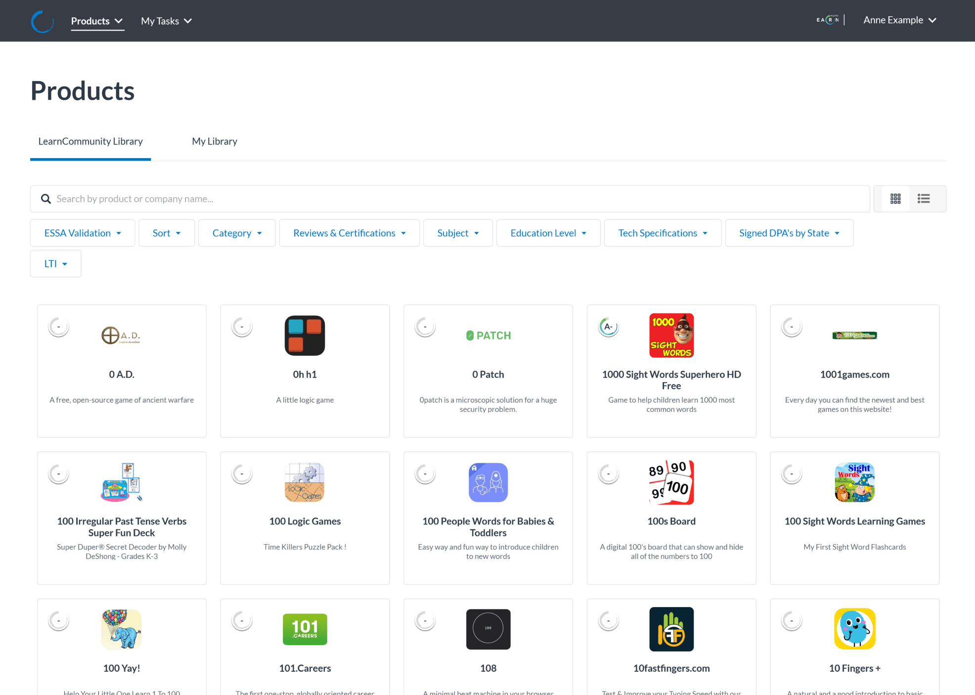 LearnCommunity Library with product discovery and evidence, certification, subject, and integration filters.