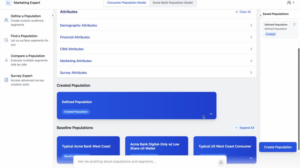 Original prototype showing population attributes, a created population, and baseline population cards